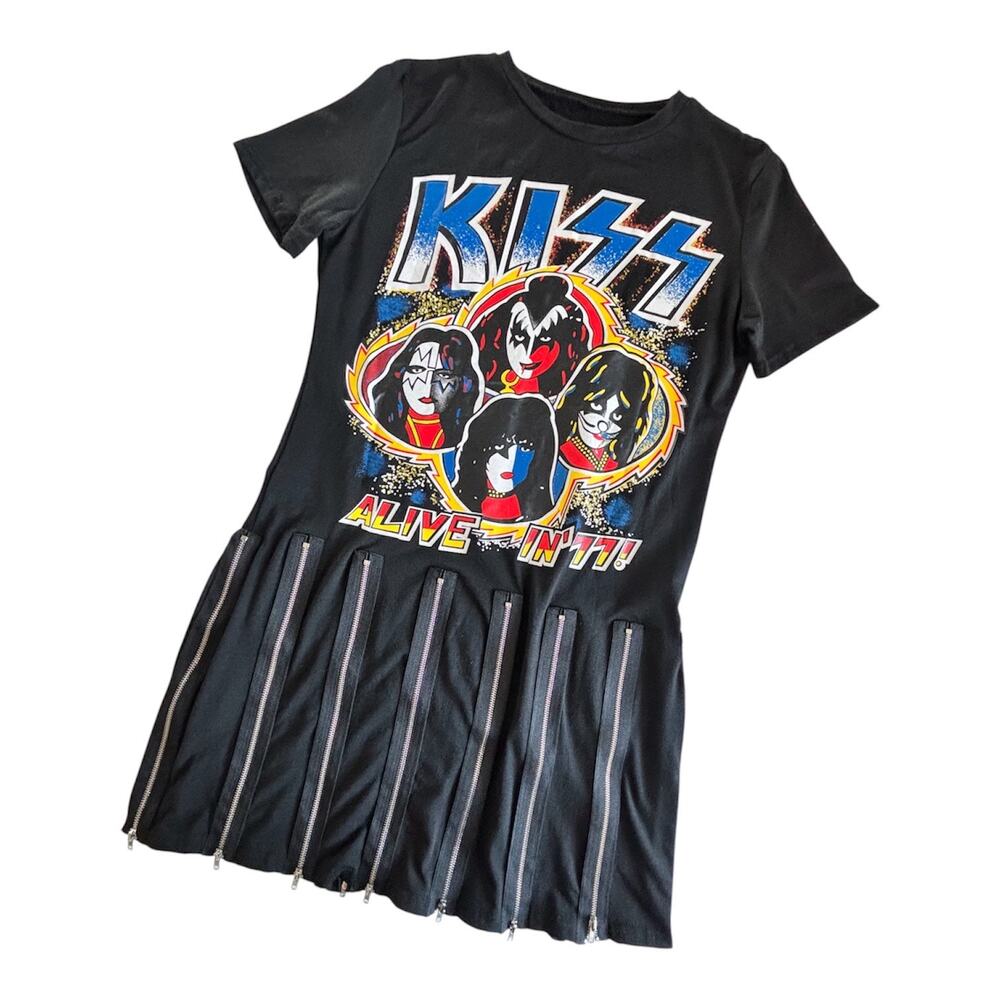 Kiss Alive in 77 Black T-Shirt Dress Women's Size Medium Zippers Rocker Merch